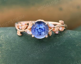 Cornflower Blue sapphire ring Unique Rose gold engagement ring Marquise cut Opal ring Nature inspired ring Branch Twig ring Promise ring