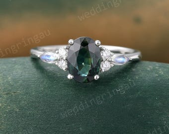 Oval cut Teal Sapphire engagement ring Vintage white gold green sapphire ring Unique Marquise cut Moonstone ring Diamond Anniversary ring