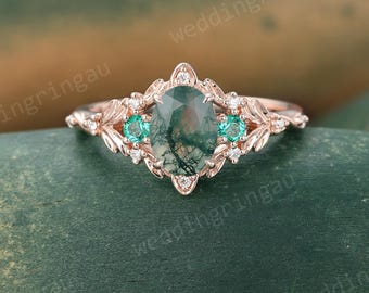 Oval Moss agate ring Unique Leaf Rose gold engagement ring Emerald ring Moissanite Bridal ring Nature inspired ring Filigree promise ring