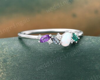 Amethyst Alexandrite Emerald Opal ring – Multi Gemstone White Gold Ring – Unique Stacking Family Ring – Personalized Jewelry for Women