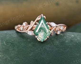 Kite Cut Moss Agate Engagement Ring Dainty Rose Gold Leaf Ring Marquise Diamond Ring Unique Bridal Branch Twig Wedding Promise Ring