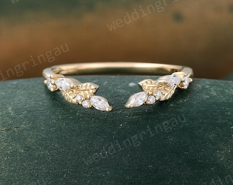 Marquise cut moissanite wedding band Unique Vintage Yellow gold curved wedding band Diamond Leaf stacking matching band Anniversary ring