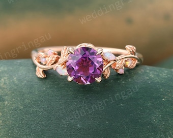 Round cut Amethyst ring Unique Rose gold Leaf engagement ring Marquise cut Opal ring Nature inspired ring Branch Twig ring Promise ring
