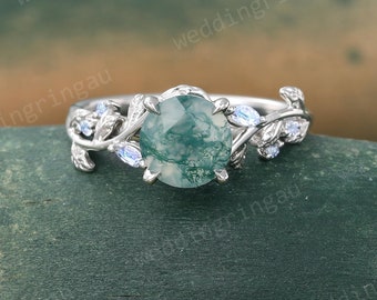 Round Moss agate ring Vintage White gold Leaf engagement ring Marquise cut Moonstone ring Nature inspired ring Twig Branch ring Promise Gift