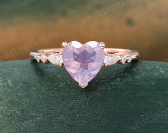 Heart Shaped Lavender Amethyst Ring Vintage Rose Gold Engagement Ring Women Pear Diamond Wedding Ring Bridal Promise Ring Birthstone Ring