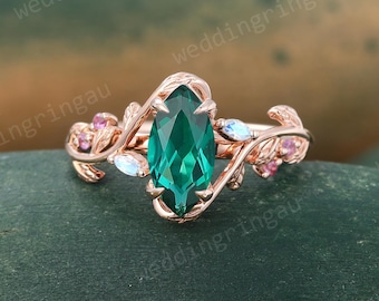 Marquise Cut Emerald Engagement Ring Unique Solid Rose Gold Leaf Wedding Ring Moonstone Ring Amethyst Ring Nature Inspired Twig Ring Gift