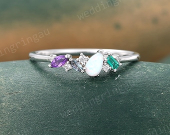 Multi Stone wedding band Unique Cluster Amethyst Alexandrite Opal Emerald wedding ring White gold Stackable band Birthstone Anniversary ring