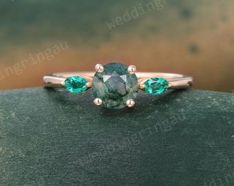 Dainty Moss Agate Engagement Ring 14K Rose Gold Three Stone Ring Marquise Cut Emerald Ring Green Gemstone Ring Wedding Bridal Promise Ring