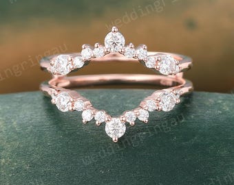 Moissanite wedding band Unique enhancer ring solid 14k rose gold cluster double diamond ring women art deco ring Custom anniversary ring