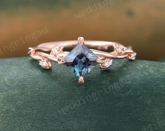 Dainty Princess cut alexandrite ring Unique Rose gold engagement ring Leaf Branch style ring Diamond wedding ring Nature inspired ring
