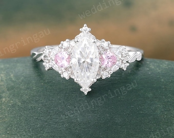 Marquise cut Moissanite engagement ring Unique White gold ring Heart cut pink sapphire ring Cluster ring Leaf ring Bridal Promise ring