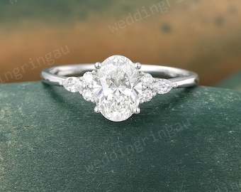 Oval Lab Grown Diamond engagement ring Unique White gold IGI certified Diamond ring Marquise cut Diamond Cluster ring Bridal Promise ring