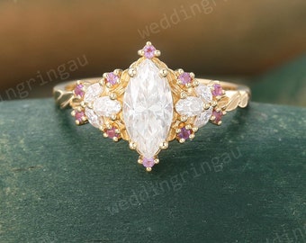 Marquise cut Moissanite engagement ring yellow gold Oval cut moissanite ring cluster Diamond Amethyst wedding ring Promise ring Women