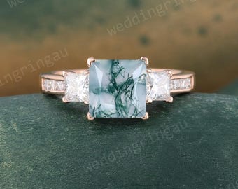 Princess Cut Moss Agate Ring Vintage Unique Green Agate Engagement Ring Rose Gold Moissanite Three Stone Ring Art Deco Promise Ring Gift