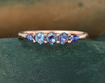 Hexagon Cut Alexandrite Wedding Band Rose Gold Marquise Cut Blue Sapphire Ring Art Deco Bridal Stacking Matching Band Anniversary Ring