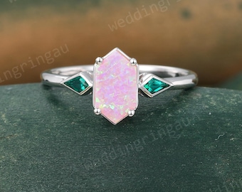 Hexagon cut Pink Opal ring Unique White gold engagement ring Kite cut Emerald Three stone ring Vintage Birthstone ring anniversary ring