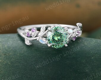 Portuguese Cut Green Moissanite ring White gold Leaf engagement ring Marquise cut Moonstone Amethyst ring Nature inspired ring Promise ring