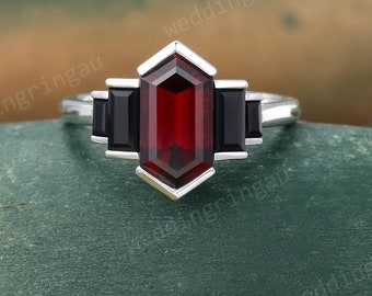 Vintage Hexagon cut Garnet ring Unique White gold engagement ring Baguette cut Black onyx ring Bezel ring Bridal wedding anniversary ring