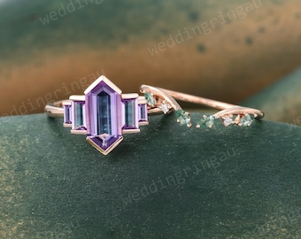 Hexagon Amethyst Engagement ring set Vintage Rose gold Baguette cut Amethyst ring Open Moss agate Curved wedding band bridal promise ring