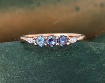 Hexagon cut alexandrite wedding band rose gold marquise cut moissanite wedding ring art deco Bridal stacking matching band Anniversary ring