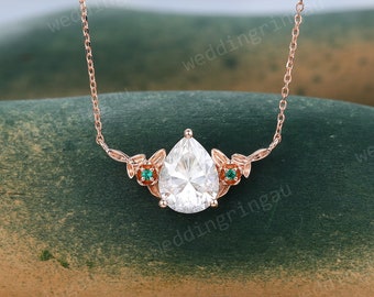 Pear shaped Moissanite necklace Rose gold vintage unique Emerald pendant women Birthstone Necklace anniversary Moissanite pendant