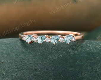 Pear shaped Moss Agate wedding band Unique Rose gold Moissanite wedding band women art deco stacking matching band promise Anniversary ring