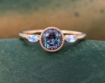 Rose gold Alexandrite ring Vintage Three stone engagement ring Unique Marquise cut Moonstone ring Bezel set ring bridal Anniversary ring