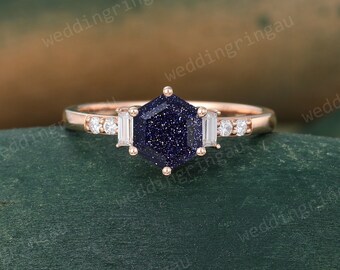Blue sandstone ring Vintage Rose gold engagement ring Hexagon cut Galaxy ring Baguette cut moissanite ring Diamond bridal anniversary ring
