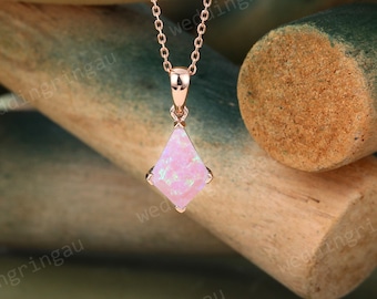 Kite cut Pink Opal necklace 14k Rose gold vintage unique Personalized Opal pendant for women anniversary bridal pendant Xmas gift