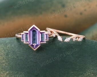 Hexagon Amethyst Engagement ring set Vintage Rose gold Baguette cut Amethyst ring Open Moissanite Curved wedding band bridal promise ring