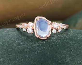 Irregular Cut Raw Sapphire Ring Unique Shaped Engagement Ring Rose Gold Moissanite Cluster Wedding Promise Ring Art Deco Ring Gift for Her