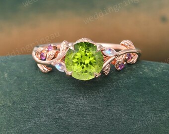 Portuguese cut Peridot ring Unique Rose gold Peridot engagement ring Twig ring Marquise cut moonstone amethyst ring August birthstone ring