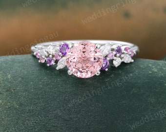 Round Pink Sapphire Ring Unique Cluster Engagement Ring White Gold Vintage Amethyst Pink Sapphire Ring Moissanite Art Deco Promise Ring