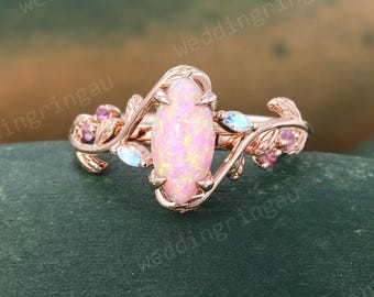 Leaf Marquise Cut Pink Opal Engagement Ring Unique Rose Gold Wedding Ring Moonstone Amethyst Ring Nature Inspired Ring Promise Gift