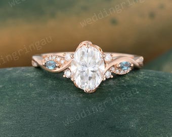 Vintage Oval Cut Moissanite Ring 18K Rose Gold Twist Engagement Ring Marquise Cut Alexandrite Ring Art Deco Nature Inspired Ring Gift