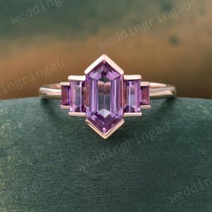 Hexagon Amethyst Engagement Ring – Rose Gold Bezel Set Ring – Vintage Art Deco Baguette Cut Statement Ring Gift – Custom Birthstone Ring
