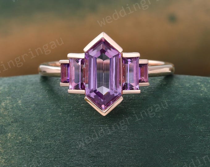 Featured listing image: Hexagon cut Purple Amethyst ring Unique Rose gold Amethyst engagement ring