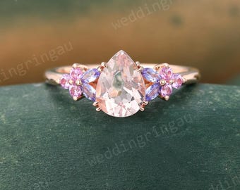 Pear Morganite Ring Vintage Rose Gold Engagement Ring Marquise Cut Tanzanite Pink Sapphire Ring Cluster Wedding Promise Ring Gift