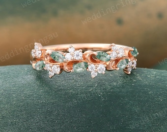 Nature Inspired Moss Agate Wedding Band Unique Rose Gold Leaf Wedding Ring for Women Half Eternity Moissanite Bridal Ring Stacking Ring