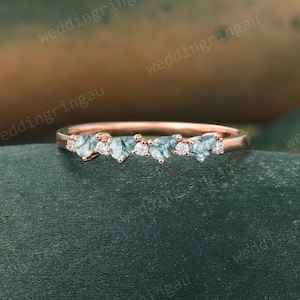 Pear shaped Moss Agate wedding band Unique Rose gold Moissanite wedding band women art deco stacking matching band promise Anniversary ring