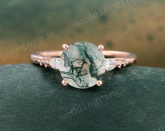 Unique Round Moss Agate Engagement Ring 14K Rose Gold Pear Shaped Diamond Ring Vintage Seven Stone Wedding Promise Anniversary Ring