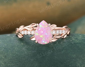 Pear Shaped Pink Opal Engagement Ring Art deco Rose Gold Round Moissanite Vintage Leaf Branch Wedding Ring Nature Inspired Promise Ring Gift