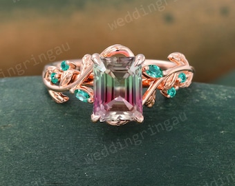Emerald Cut Watermelon Tourmaline Engagement Ring Unique Rose Gold Leaf Branch Ring Marquise Emerald Ring Nature Inspired Bridal Ring