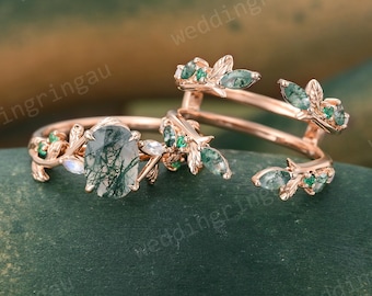 Oval Moss agate engagement ring set Rose Gold Leaf Ring Enhancer Band Marquise Moss Agate Bridal Ring Set Emerald wedding Promise ring set