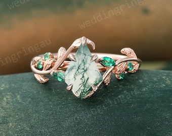 Kite cut Moss agate ring Unique Rose gold Leaf engagement ring Marquise cut Emerald ring Branch ring Nature inspired Twig ring Gift for her