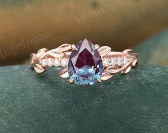 Pear Shaped Alexandrite Engagement Ring Delicate Rose Gold Round Moissanite Cluster Wedding Ring Leaf Branch Promise Anniversary Ring