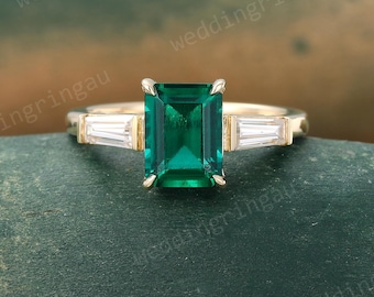 Emerald cut Emerald ring Vintage Yellow gold Engagement ring Baguette cut Moissanite ring Three stone ring May birthstone Anniversary ring