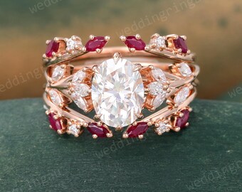 Oval cut Moissanite Engagement ring set Vintage rose gold marquise cut Moissanite ring Branch Natural ruby ring enhancer bridal promise ring