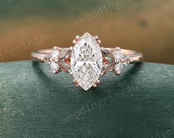 Marquise Moissanite Engagement Ring Vintage Rose Gold Green Sapphire Cluster Wedding Ring Moissanite Ring Double Claw Prong Promise Ring