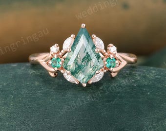 Vintage Kite Cut Moss Agate Engagement Ring Art Deco Rose Gold Round Emerald Wedding Ring Nature Inspired Ring Women Promise Ring Gift